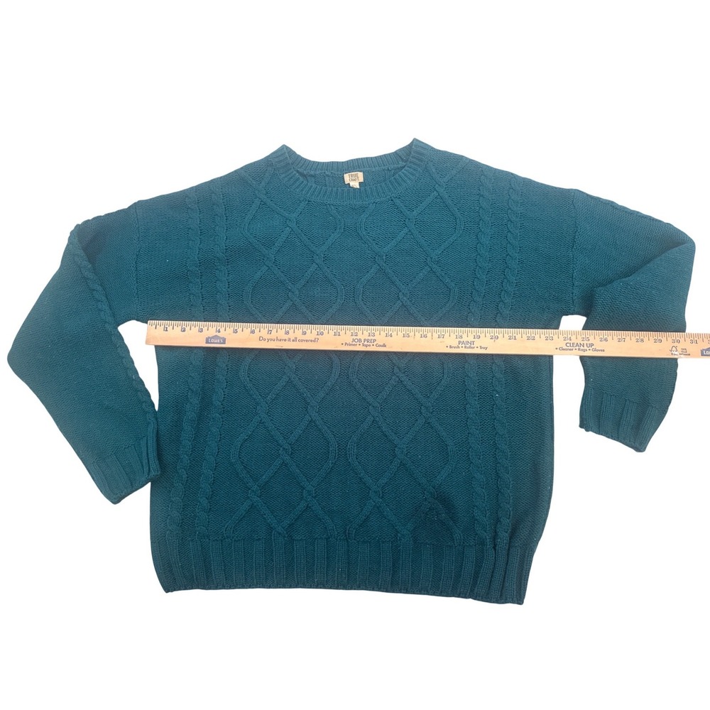 True Craft Womens Teal Cable Knit Crew Neck Pullover Sweater Size XL Relaxed Fit